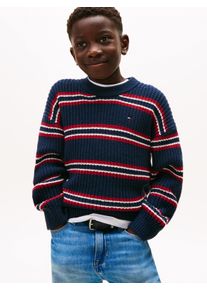 Strickpullover Tommy Hilfiger "HALF CARDIGAN C-NECK SWEATER", Jungen, Gr. 86, bunt (schwarz night navy multi stripe), Strick, Obermaterial: 60% Baumwolle, 40% Polyacryl, gestreift, mehrfarbig, regular fit normal, Rundhals, eingesetzt B&uuml;ndchen, Pullover Strickpullover, Kinder bis 16 Jahre