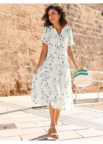 Druckkleid Inspirationen "Kleid", Damen, Gr. 52, Normalgr&ouml;&szlig;en, ecru, blaugr&uuml;n, bedruckt, 100% Viskose, bedruckt, gebl&uuml;mt, gemustert, mehrfarbig, wadenlang, V-Ausschnitt, Kleider Druckkleid