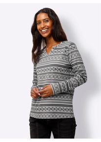 Langarmshirt Heine "Druck-Shirt", Damen, Gr. 48, grau (grau, ecru, bedruckt), 100% Baumwolle, bedruckt, gemustert, gestreift, mehrfarbig, Rundhals, Shirts Langarmshirt