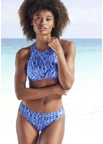 Crop-Bikini-Top ELBSAND "Letra", Damen, Gr. 40, Cup A/B, blau, Recycling-Polyamid, bedruckt, Bikini-Oberteile Crop-Bikini-Top, mit tollem Wording