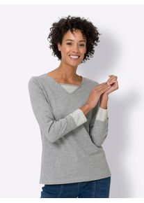 Langarmshirt Classic Basics "Shirt", Damen, Gr. 50, grau (grau, meliert), 90% Baumwolle, 10% Viskose, gemustert, mehrfarbig, V-Ausschnitt, Shirts Langarmshirt