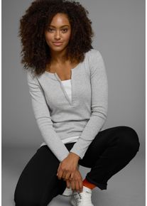 2-in-1-Langarmshirt Flashlights, Damen, Gr. 32/34, grau (grau, meliert), Jersey, Obermaterial: 95% Baumwolle, 5% Viskose. Einsatz: 100% Baumwolle, unifarben mit Farbeinsatz, Basic, figurbetont h&uuml;ftbedeckend, Rundhals, Shirts 2-in-1-Langarmshirt, figurbetonte Passform, Rundhalsausschnitt, elastisches Material, Topseller