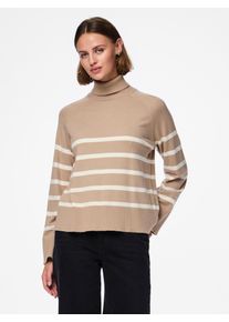 Strickjacke Pieces "PCSIA LS CARDIGAN NOOS BC", Damen, Gr. S, braun (silber mink stripes:wei&szlig;), Strick, Obermaterial: 52% Viskose, 28% Polyester, 20% Polyamid, gestreift, V-Ausschnitt, Strickjacken Strickjacke