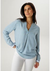 Schlupfbluse Aniston SELECTED, Damen, Gr. 42, hellblau, sand, wei&szlig;, Web, Obermaterial: 100% Viskose, bedruckt, gemustert, l&auml;ssig geschnitten h&uuml;ftbedeckend, V-Ausschnitt, mit Knopf B&uuml;ndchen, Blusen Schlupfbluse, mit modischer Kettenmusterung- NEUE KOLLEKTION, Topseller