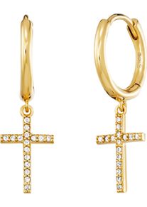 Paar Creolen Engelsrufer "Kreuz", gold (gelbgoldfarben, kristallwei&szlig;, kristallwei&szlig;), Ohrringe, Damen, Silber 925 (Sterlingsilber), Paar Creolen, Made in Germany - mit Zirkonia (synth.)