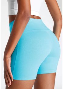 Shorts Lascana, Damen, Gr. 32/34, N-Gr, blau (t&uuml;rkis), Single Jersey, Obermaterial: 95% Baumwolle, 5% Elasthan, unifarben, Basic, kurz, Hosen Shorts, mit breitem B&uuml;ndchen und Logodruck, Loungewear