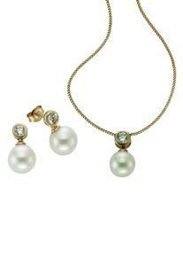 Ohrring und Ketten Set Firetti "Multipack Schmuck Geschenk Silber 925 Halskette Ohrstecker Perlschmuck", gelb (gelbgoldfarben, wei&szlig;, kristallwei&szlig;, kristallwei&szlig;), Schmuck_Sets, Damen, Perlen, Silber 925 (Sterlingsilber), Ohrring und Ketten Set, mit Zirkonia (synth.) - mit Muschelkernperlen