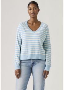 Levi's V-Ausschnitt-Pullover LEVI'S "SUPER SOFT VNECK PULLOVER", Damen, Gr. L (40), parisienne stripe glacier lake, Strick, Obermaterial: 53% Baumwolle, 32% Polyester, 13% Polyamid, 2% Elasthan, gestreift, bequem h&uuml;ftlang, V-Ausschnitt, Raglan&auml;rmel B&uuml;ndchen, Pullover V-Ausschnitt-Pullover, im Bund beidseitig mit kurzem Schlitz