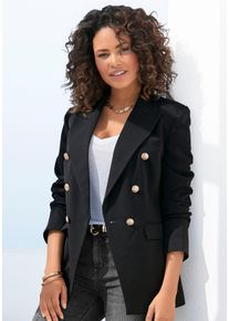 Longblazer Lascana, Damen, Gr. 40, schwarz, Web, Obermaterial: 75% Polyester, 20% Viskose, 5% Elasthan. Futter: 100% Polyester, unifarben, figurumspielend Po-bedeckend, Blazer Longblazer, mit goldfarbenen Kn&ouml;pfen, eleganter Damenblazer, Business-Look, Topseller