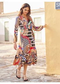 Druckkleid Heine "Druck-Kleid", Damen, Gr. 34, Normalgr&ouml;&szlig;en, blau (champagner, royalblau, bedruckt), 100% Viskose, bedruckt, gemustert, mehrfarbig, lang, V-Ausschnitt, Kleider Druckkleid