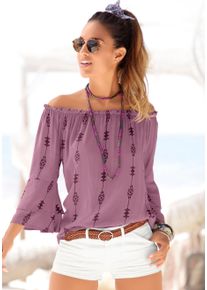 Carmenbluse Lascana, Damen, Gr. 40, lila (lila, bedruckt), Web, Obermaterial: 100% Viskose, bedruckt, figurumspielend h&uuml;ftlang, Carmenausschnitt, Volant, Blusen Carmenbluse, mit Ethnoprint, Damenbluse, schulterfrei, casual, Topseller