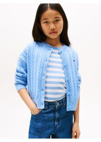 Strickjacke Tommy Hilfiger "CABLE CARDIGAN", M&auml;dchen, Gr. 12 (152), blau (cloudy blau), Strick, Obermaterial: 100% Baumwolle, unifarben, regular fit h&uuml;ftlang, Rundhals, B&uuml;ndchen, Strickjacken Strickjacke, f&uuml;r Kinder bis 16 Jahre, mit Zopfmuster