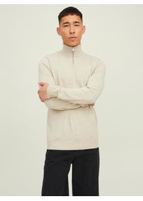 Jack & Jones Strickpullover JACK & JONES "EMIL KNIT HALF ZIP", Herren, Gr. M, wei&szlig; (sanftes wei&szlig;), Feinstrick, Obermaterial: 60% Baumwolle, 20% Nylon, 20% Viskose, schmal h&uuml;ftlang, Rundhals, Pullover Strickpullover, mit kurzem Rei&szlig;verschluss im Troyer-Look
