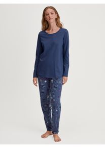 Schlafanzug Calida "Fruity Dreams", Damen, Gr. XS (36/38), cobalt blau, Single Jersey, Obermaterial: 100% Baumwolle, lang, Rundhals, Homewear-Sets Schlafanzug, Rundhals, Langarm, Pure Cotton, weich
