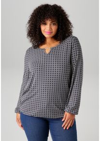 Langarmshirt ANISTON PLUS, Damen, Gr. 46, schwarz-wei&szlig; (schwarz, wei&szlig;), Single Jersey, Obermaterial: 95% Viskose, 5% Elasthan, bedruckt, gemustert, figurumspielend Po-bedeckend, Rundhals, elastischer Bund mit Gummizug, Shirts Langarmshirt, mit grafischem Alloverdruck