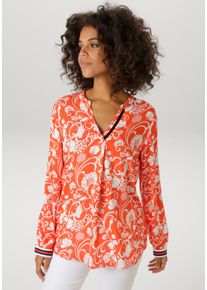 Schlupfbluse Aniston CASUAL, Damen, Gr. 40, rot, wei&szlig;, schwarz, Web, Obermaterial: 100% Viskose, bedruckt, gebl&uuml;mt, l&auml;ssig geschnitten Po-bedeckend, V-Ausschnitt, 1-Knopf-Manschette, Blusen Schlupfbluse, mit fantasievollem, grafischen Blumendruck