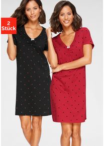 Nachthemd Vivance Dreams, Damen, Gr. 32/34, N-Gr, schwarz (schwarz, rot), Single Jersey, Obermaterial: 100% Baumwolle, bedruckt, figurumspielend kurz, V-Ausschnitt, eingesetzt H&auml;kelkante, Kleider Nachthemd, mit Herzchenprint, Topseller