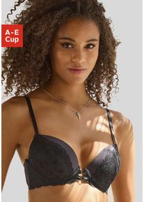 Push-up-BH Lascana, Damen, Gr. 75, Cup D, schwarz, Microtouch, Obermaterial: 60% Polyamid, 35% Polyester, 5% Elasthan, BHs Push-up-BH, mit sexy B&auml;nderoptik vorn, Dessous