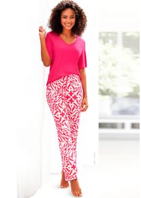 Pyjama s.Oliver, Damen, Gr. 32/34, pink (magenta, ecru gemustert), Single Jersey, Obermaterial: 100% Viskose, Basic lang, V-Ausschnitt, eingesetzt, Homewear-Sets Pyjama, mit floralem Ethno-Muster
