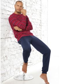 H.I.S. Pyjama H.I.S, Damen, Gr. 60/62 (XXL), rot (rot, navy), Single Jersey, Obermaterial: 60% Baumwolle, 40% Polyester, gestreift, Basic, bequem, Rundhals, Homewear-Sets Pyjama, Schlafanzug mit garngef&auml;rbten Streifen