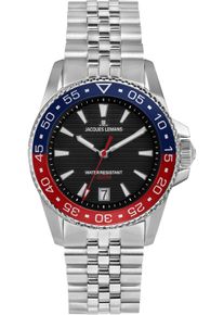 Quarzuhr Jacques Lemans "Liverpool Diver", silberfarben, blau, rot, Armbanduhren, Damen, Quarzuhr, Armbanduhr, Herrenuhr, Edelstahlarmband, analog, Tag