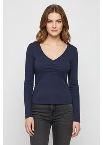 Langarmshirt Only "ONLBETTY LIFE L/S SCALLOP V-NECK CC JRS", Damen, Gr. S, navy blazer, Jersey, Obermaterial: 95% Baumwolle, 5% Elasthan, unifarben, h&uuml;ftlang, V-Ausschnitt, Shirts Langarmshirt, mit Raffung am Ausschnitt