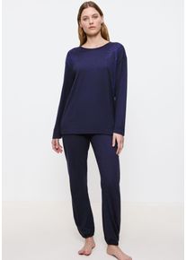 Schlafanzug Triumph "Endless Comfort PK 01 LSL", Damen, Gr. 44, blau (blau, schwarz combination), Single Jersey, Obermaterial: 50% Baumwolle, 50% Modal, bequem lang, Rundhals, Homewear-Sets Schlafanzug, weich und gem&uuml;tlich