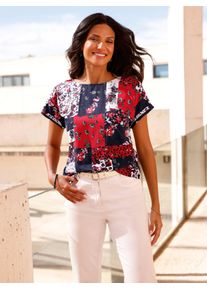 Schlupfbluse Classic Basics, Damen, Gr. 48, bunt (marine, erdbeere, bedruckt), 100% Polyester, gebl&uuml;mt, gemustert, mehrfarbig, Rundhals, Blusen Schlupfbluse