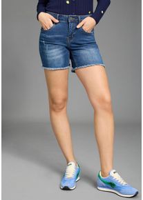 Jeanshotpants Kangaroos, Damen, Gr. 46, N-Gr, blau (dunkelblau u), Denim/Jeans, Obermaterial: 76% Baumwolle, 16% Polyester, 7% Viskose, 1% Elasthan, Destroyed-Effekte, bequem kurz, Jeans Jeanshotpants, kurze Schnittform, mit Destroyed-Effekten, klassische Leibh&ouml;he