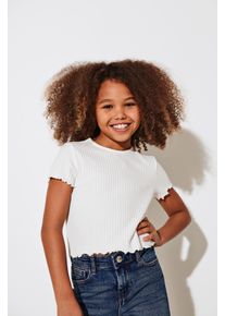 T-Shirt KIDS Only "KONNELLA S/S O-NECK TOP", M&auml;dchen, Gr. 158/164, wei&szlig; (cloud dancer), Rippware, Obermaterial: 65% Polyester, 30% Viskose, 5% Elasthan, unifarben, regular fit kurz, Rundhals, gewellter Abschluss, Shirts T-Shirt, in verk&uuml;rzter L&auml;nge und mit tollen Wellen-S&auml;umen