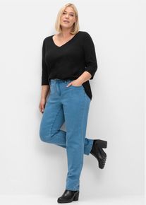 Stretch-Jeans sheego, Damen, Gr. 80, Langgr&ouml;&szlig;en, blau (blau denim), 71% Baumwolle, 27% Polyester, 2% Elasthan, unifarben, lang, Jeans Stretch-Jeans