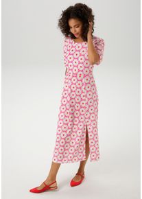 Sommerkleid Aniston CASUAL, Damen, Gr. 42, N-Gr, bunt (pink, wollwei&szlig;, rot), Single Jersey, Obermaterial: 98% Polyester, 2% Elasthan, Strukturmuster, bedruckt, gebl&uuml;mt, figurumspielend wadenlang, Rundhals, Kleider Sommerkleid, allover mit Bl&uuml;ten bedruckt, Topseller
