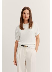 Rundhalspullover Bugatti, Damen, Gr. L, wei&szlig; (10, wei&szlig;), 50% Viskose, 50% Polyacryl, unifarben, normal, Rippb&uuml;ndchen, Pullover Rundhalspullover, mit kurzen &Auml;rmeln