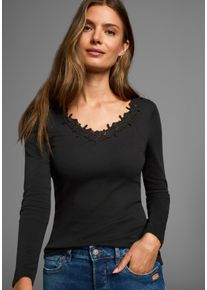 Langarmshirt AJC, Damen, Gr. 40/42 (M), schwarz, Rippware, Obermaterial: 100% Baumwolle. Spitze: 100% Polyester, clean, unifarben, sehr figurbetont h&uuml;ftlang, tiefer V-Ausschnitt, Shirts Langarmshirt, Langarm, figurbetont, mit zauberhafter Spitze, Topseller