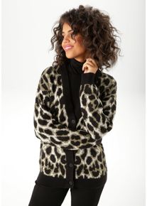 Strickjacke Aniston CASUAL, Herren, Gr. 36, schwarz, khaki, wei&szlig;, Strick, Obermaterial: 74% Polyacryl, 23% Polyester, 3% Elasthan, Jacquardmuster, gemustert, l&auml;ssig geschnitten h&uuml;ftbedeckend, V-Ausschnitt, Rippstrickb&uuml;ndchen, Strickjacken Strickjacke, im trendfarbigen Leo-Muster