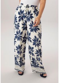 Schlupfhose ANISTON PLUS, Damen, Gr. 50, N-Gr, wei&szlig;, marine, Web, Obermaterial: 100% Viskose, bedruckt, gemustert, figurumspielend kn&ouml;chellang, Hosen Schlupfhose, mit gro&szlig;fl&auml;chigen Bl&auml;ttern bedruckt - NEUE KOLLEKTION