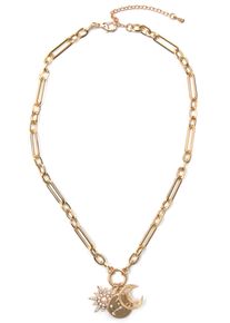 Kette mit Anh&auml;nger Firetti "Halsschmuck Gliederkette Sonne, Mond, Sterne", gold (gelbgoldfarben, kristallwei&szlig;, wei&szlig;), Halsketten, Damen, Metall Perlen, L: 64 B: 1mm, Metall, Perlen, Kette mit Anh&auml;nger, mit Glasstein - mit Acrylperle, B:1mm