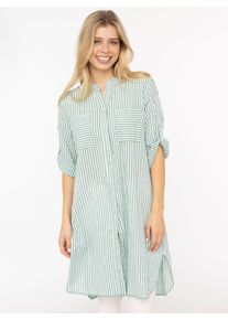 Longbluse Zwillingsherz "Kida", Damen, gr&uuml;n, Web, Obermaterial: 100% Baumwolle, comfort fit lang, V-Ausschnitt, Krempel&auml;rmel 1-Knopf-Manschette, Blusen Longbluse, One Size, Streifen, Knopfleiste, Brusttaschen, 3/4-Arm