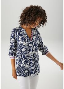 Schlupfbluse Aniston CASUAL, Damen, Gr. 38, bunt (marine, wollwei&szlig;, pink), Web, Obermaterial: 100% Viskose, bedruckt, gebl&uuml;mt, l&auml;ssig geschnitten Po-bedeckend, V-Ausschnitt, 1-Knopf-Manschette, Blusen Schlupfbluse, mit fantasievollem, grafischen Blumendruck, Topseller