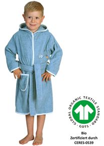 W&ouml;rner Kinderbademantel W&Ouml;RNER "Dinofamilie" Gr. 98, blau (stahlblau), 98/104, Baumwolle, Hausm&auml;ntel, Kinderbademantel, Biobaumwolle, mit Stickerei, mit Tasche
