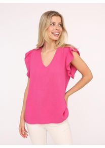 Kurzarmbluse Zwillingsherz "Giselle", Damen, pink (fuchsia), Obermaterial: 100% Baumwolle, unifarben, bequem h&uuml;ftlang, V-Ausschnitt, Blusen Kurzarmbluse, tiefer V-Ausschnitt, R&uuml;schen&auml;rmel, Baumwolle