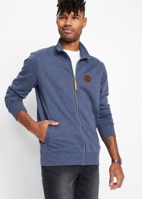 bonprix Stehkragen-Sweatjacke mit Lederimitat-Details, blau, Gr.64/66 (3XL), Sweatjacke mit Stehkragen, innen weich angeraut, 60% Baumwolle