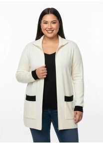 sheego Gro&szlig;e Gr&ouml;&szlig;en Longstrickjacke mit Rei&szlig;verschluss, ecru-schwarz, Gr&ouml;&szlig;e 56 - Damen