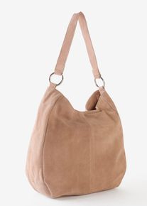 bonprix Veloursledertasche mit dekorativem Zusatzriemen, beige, Gr.34x38 cm, Zeitlose Ledertasche mit geflochtenem Tragehenkel, aus Veloursleder