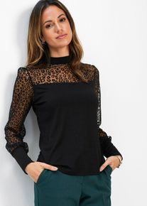bonprix Langarmshirt aus softem Viskose-Mix, schwarz, Gr.56/58 (3XL), Shirt mit transparenten &Auml;rmeln im trendigen Animal Design, aus Viskose
