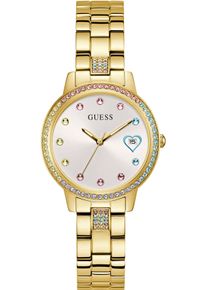 Quarzuhr Guess "THREE OF HEARTS", gold (goldfarben), Armbanduhren, Damen, Quarzuhr, Armbanduhr, Damenuhr