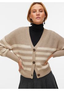 V&eacute;ro Moda Strickjacke VERO MODA "VMLEA LS V-NECK CUFF CARDIGAN NOOS", Damen, Gr. M, moon rock stripes:with silber lining stripes, Strick, Obermaterial: 100% Polyacryl, gestreift, regular fit normal, V-Ausschnitt, Rippb&uuml;ndchen, Strickjacken Strickjacke, Rippstrick