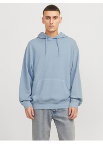 Jack & Jones Kapuzensweatshirt JACK & JONES "JJECHARGE FADED SWEAT HOOD NOOS", Herren, Gr. M, blau (chambray blau), angeraute Sweatware, Obermaterial: 100% Baumwolle, unifarben, loose fit taillenbedeckt, ohne Ausschnitt, Rippb&uuml;ndchen, Sweatshirts Kapuzensweatshirt, mit Kapuze