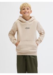 Jack & Jones Kapuzensweatshirt JACK & JONES JUNIOR "JJESOHO SWEAT HOOD NOOS JNR", Jungen, Gr. 128, gelb (moonbeam), angeraute Sweatware, Obermaterial: 80% Baumwolle, 20% Polyester, bedruckt, relaxed fit normal, Rundhals, Rippb&uuml;ndchen, Sweatshirts Kapuzensweatshirt, Baumwollmischung, relaxed fit