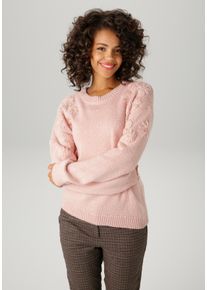 Strickpullover Aniston CASUAL, Damen, Gr. 44, rosa (puderrosa), Strick, Obermaterial: 70% Polyacryl, 30% Polyester, meliert, unifarben, l&auml;ssig geschnitten h&uuml;ftlang, Rundhals, Rippstrickb&uuml;ndchen, Pullover Strickpullover, mit aufgestrickten Bl&uuml;ten verziert
